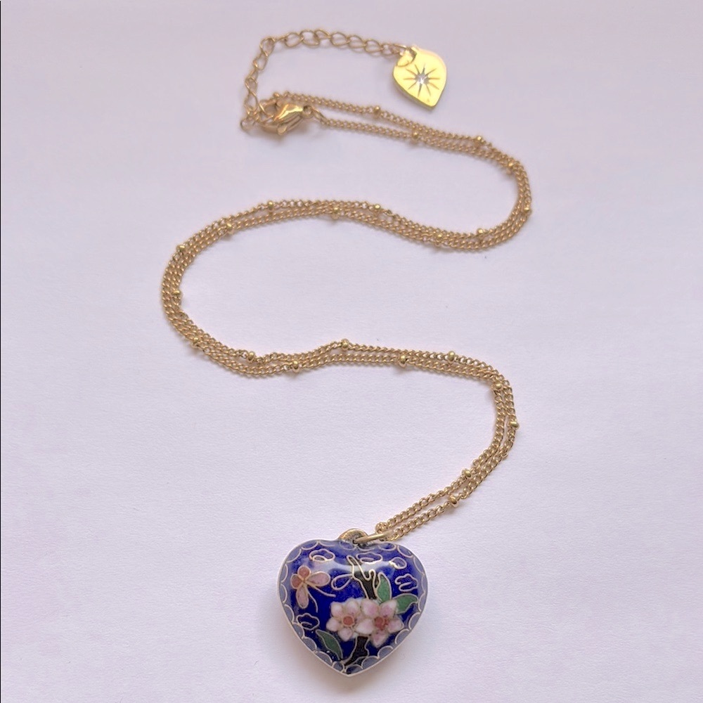 🟡Brand New Heart Enamel Pendant Necklace, Blue, Gold, Pink & Green Floral